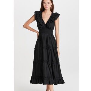 Love The Label Black Poplin V Neck Ruffle Midi Dress